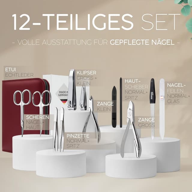 Detalle de marQus Solingen Maniküre & Pediküre Set im Echtleder-Etui – 12-teilig, Nagelset für Hand und Fuß