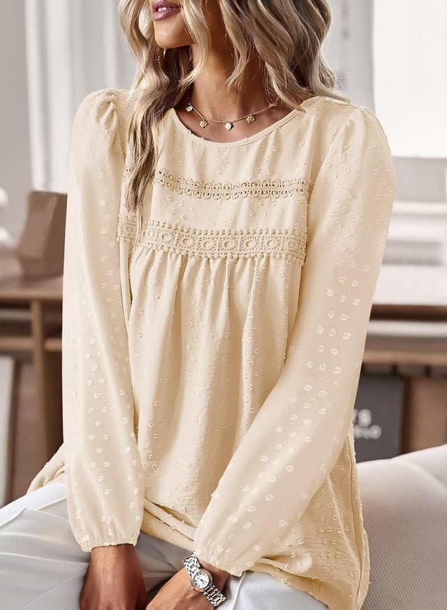 Detalle de TUUHAW Women’s Round Neck Long Sleeve Top with Crochet & Chiffon Lace Hem