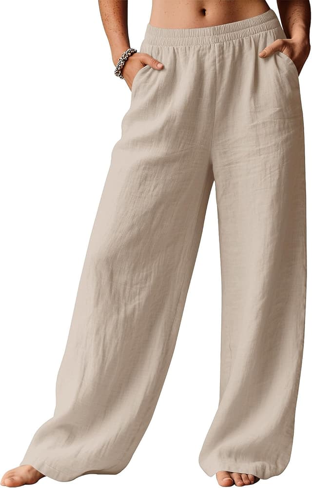 Detalle 2 de Rapbin Damen-Leinenhose mit weitem Bein, Sommerhose im Palazzo-Stil und Taschen
