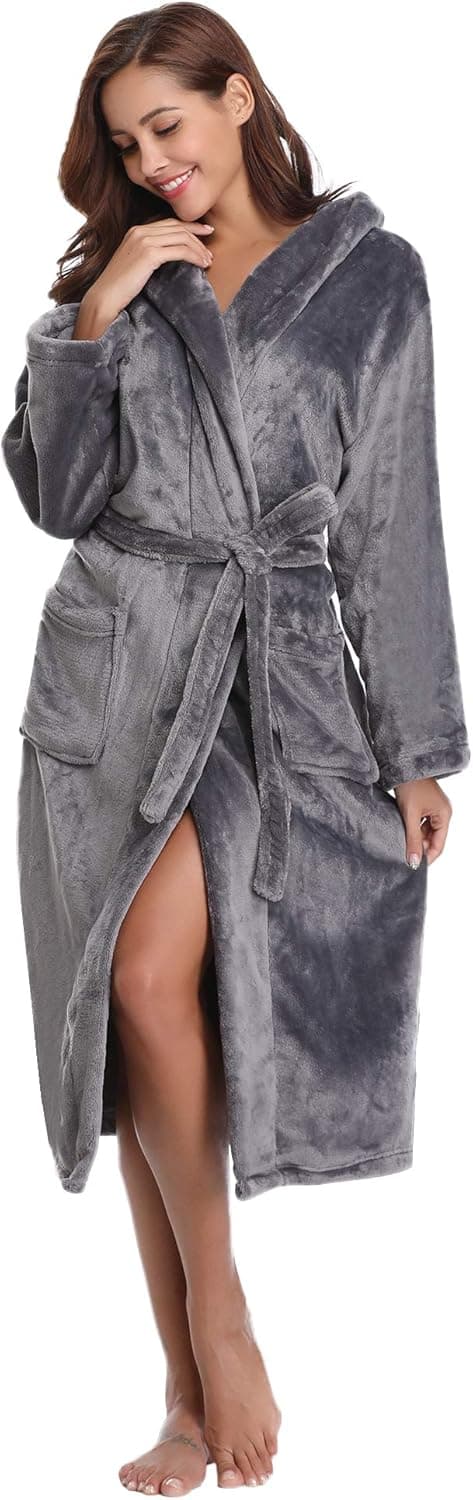 Detalle de Vlazom Peignoir polaire femme à capuche en flanelle (polyester) – robe de chambre chaude et douce
