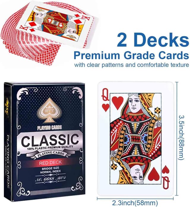 Detalle 1 de WUGAUWOR wasserfeste Spielkarten aus Kunststoff – 2 Decks rote Pokerkarten für Canasta, Texas, Go Fish & Blackjack
