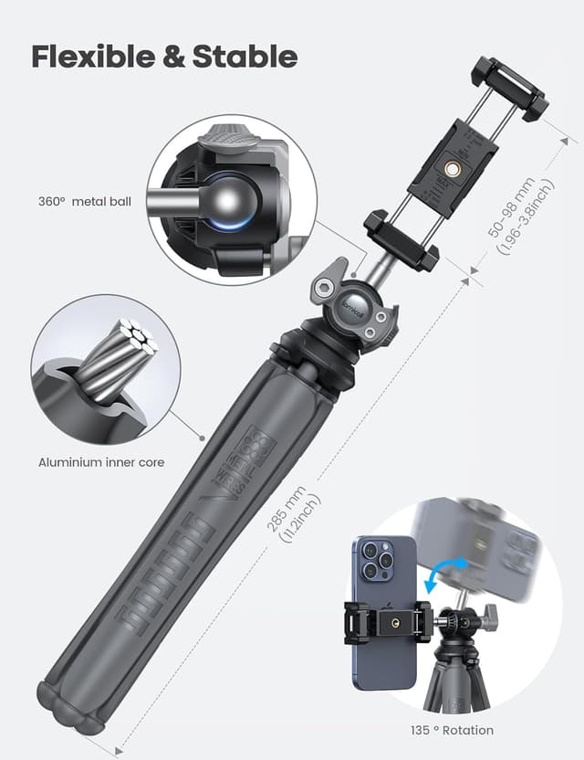 Detalle de Lamicall mobile phone tripod with flexible legs and 360° rotation (grey)