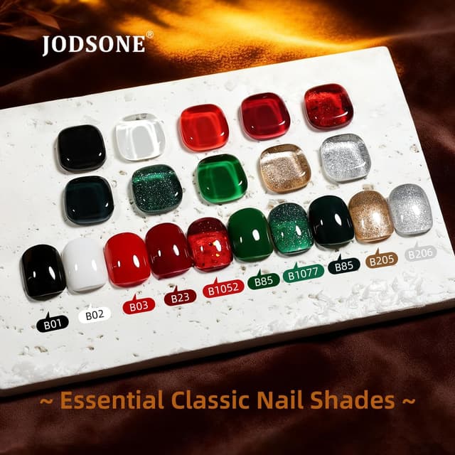 Detalle 2 de JODSONE set smalto gel con glitter (10 colori) nero, rosso, verde e argento + base e top coat