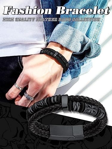 Detalle de Bestyle pulsera de hombre de cuero y acero inoxidable con brújula vikinga (cierre magnético) negra, 21 cm