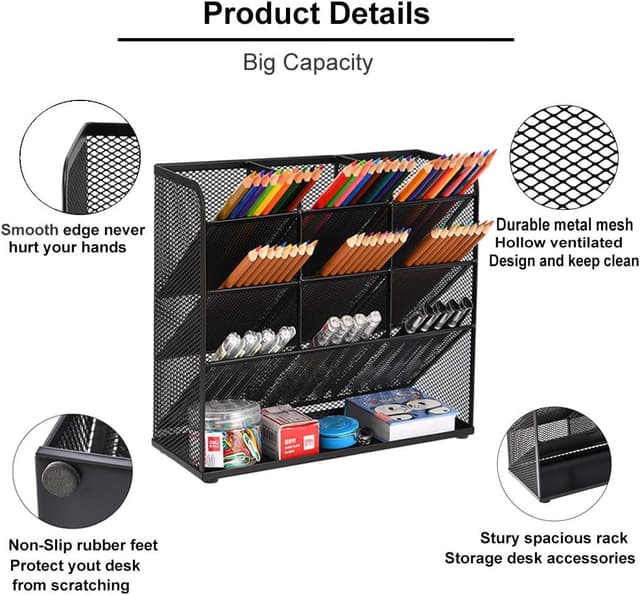 Detalle 2 de Marbrasse Mesh Desk Organiser with 9 compartments – multi-functional pen holder for home office & school