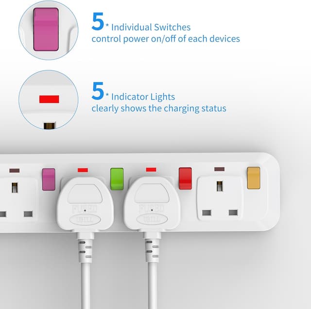 Detalle 2 de Mscien 1M Extension Lead 5-Way Surge Protected Power Strip