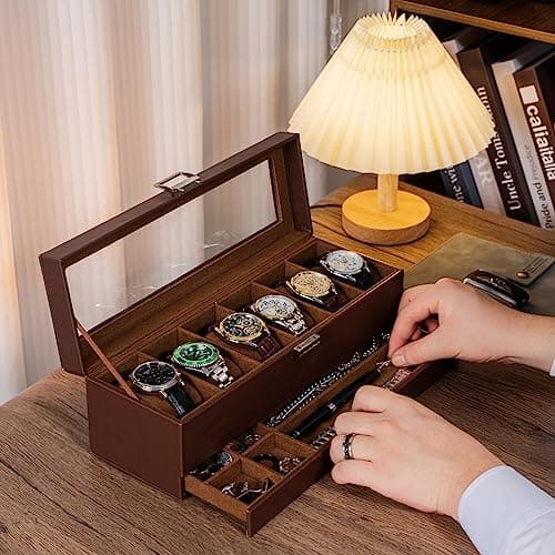 Detalle de ProCase caja de relojes de 6 ranuras con cajón y tapa de cristal (2 capas) – café