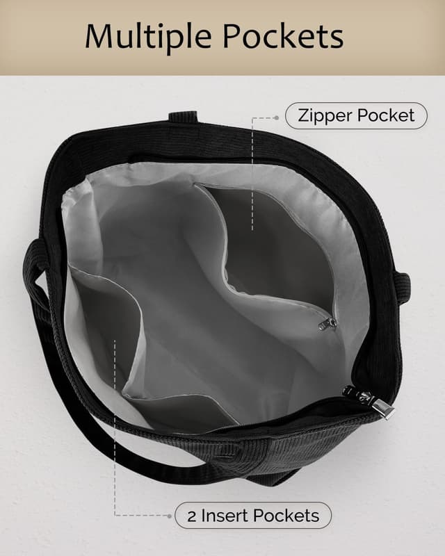 Detalle 2 de Prite Corduroy Tote Bag for Women – Large Shoulder Bag with Zip, Pockets for College, Work, Travel & Shopping (Black)