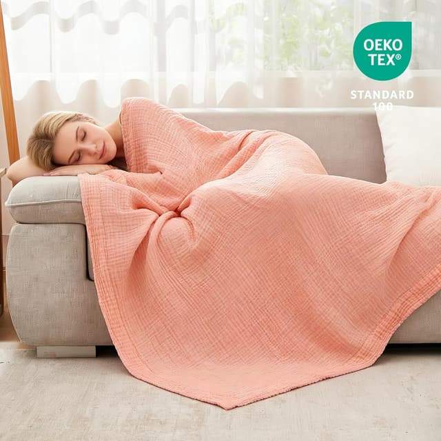 Detalle de EMME Musselin-Decke für Erwachsene (100% Baumwolle) 230 x 230 cm – rosa, 4-lagig, vorgewaschen