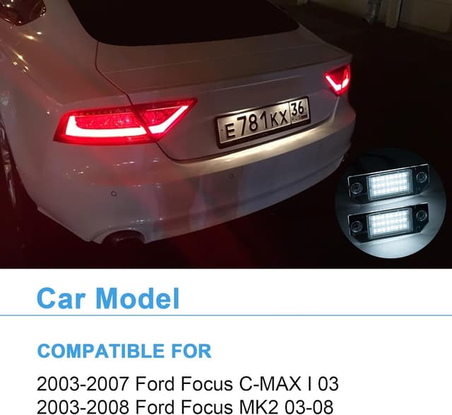 Detalle de URAQT luci LED per targa (2 pezzi) 12 V 6500 K, senza errori, per Ford Focus C-MAX I 2003-2007 e Focus MK2 2003-2008, nero