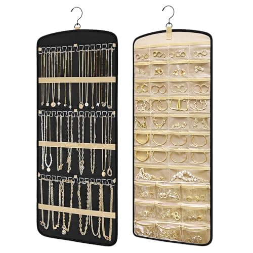 Detalle de Kisvic organizador de joyas colgante doble cara con gancho de metal y giro 360°