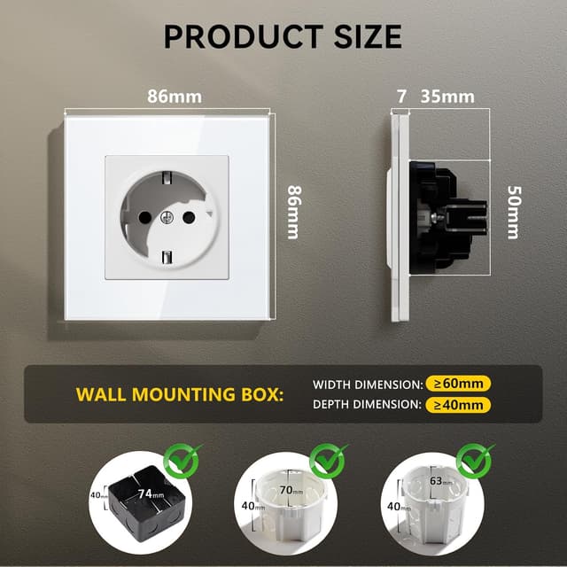 Detalle de BSEEDLIFE Schuko Unterputz-Steckdose Typ F (16A) mit Glasrahmen, 1-fach, weiß