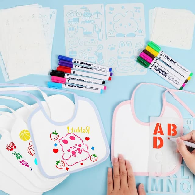 Detalle de Aolso baby painting bibs set (6 bibs, 6 bodysuits) with textile pens and stencils for 6–9 months