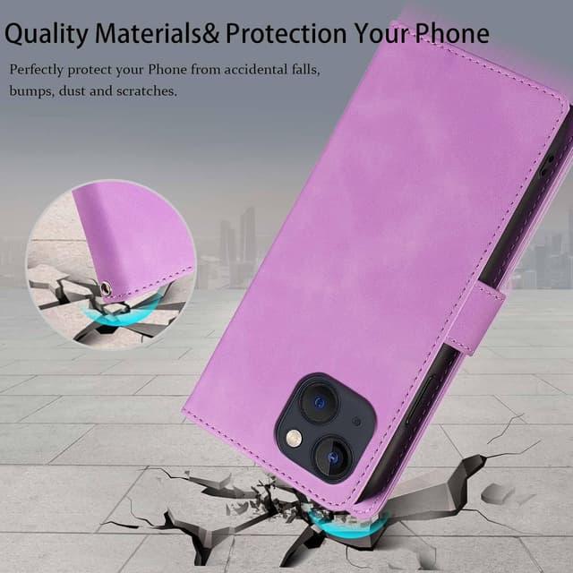 Detalle de GOTOURED Handyhülle für iPhone 13 mit Klappfunktion, RFID-Blockierung, Kartenfächern, Handgelenksgurt und Stand (Lila)