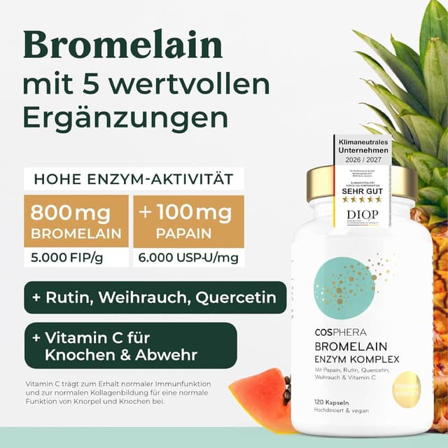 Detalle de COSPHERA® Bromelain hochdosiert 5000 FIP – 6-in-1 Ananas Enzym Komplex mit Papain, Quercetin, Weihrauch, Rutin & Vitamin C (120 magensaftresistente Kapseln)