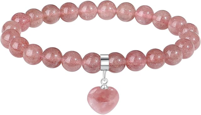 Detalle de Sahoottie Herz-Armband aus Erdbeerquarz (8 mm Perlen) für Damen – Geschenkbox inklusive