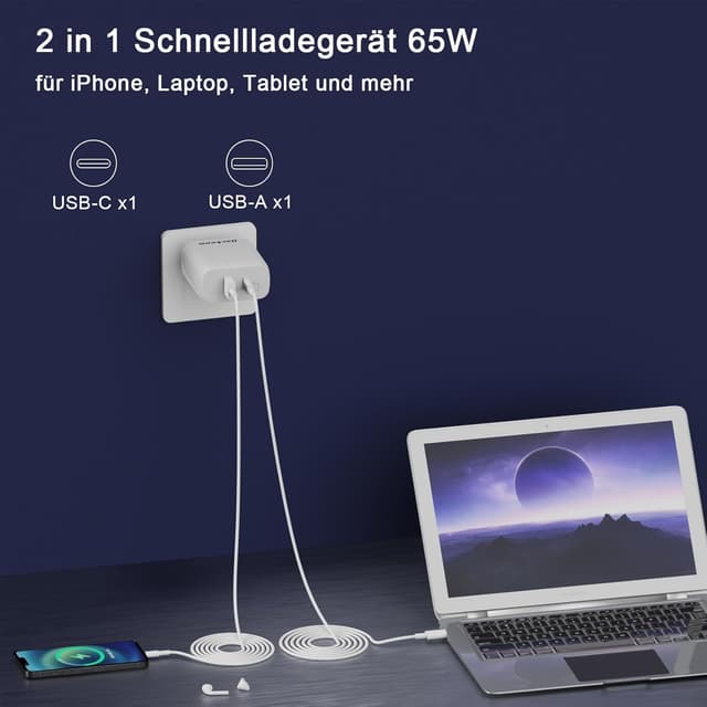 Detalle 2 de Qackenm USB C Ladegerät 65W Schnellladegerät