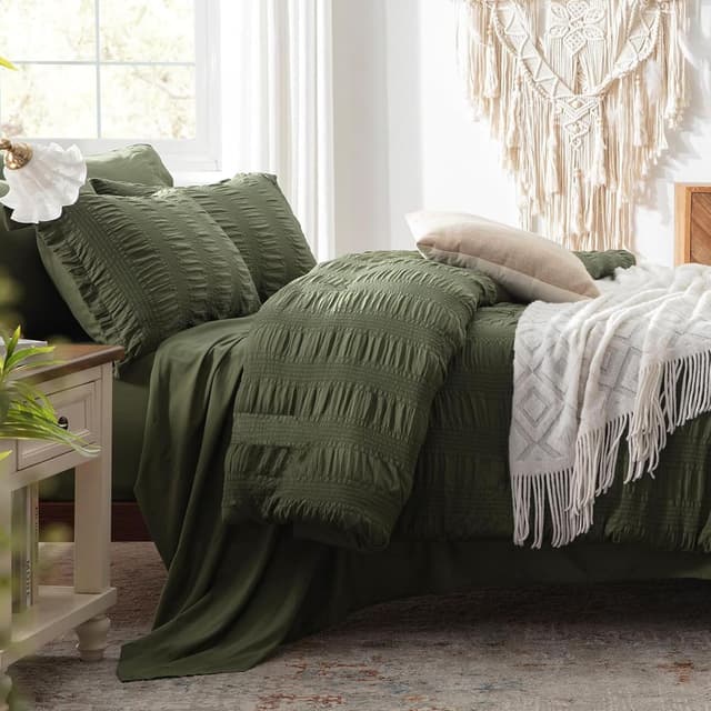 Detalle de Freyamy Seersucker Bettwäsche 135x200 cm (2-teilig) Olivengrün, geprägt Streifen, mit Reißverschluss