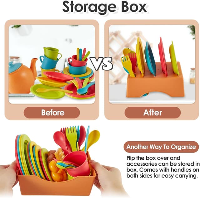 Detalle de Buyger Play Kitchen Accessories Tea Party Set with Dishes, Plates, and Utensils (Ages 3+)