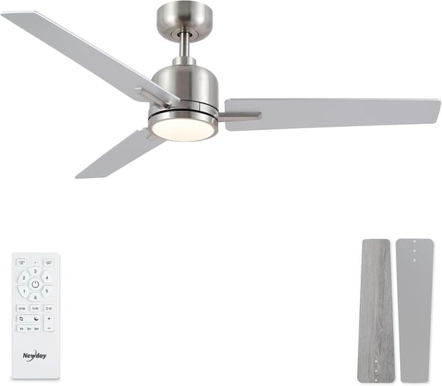 Detalle de Newday Deckenventilator Holz & Silber 122 cm mit Beleuchtung, dimmbar & Fernbedienung
