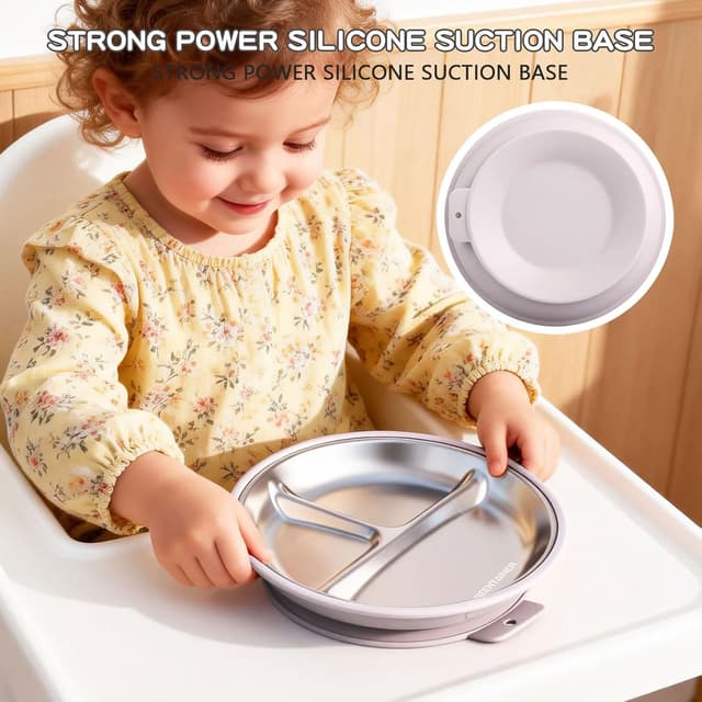 Detalle de Greentainer 3 Pack Stainless Steel Divided Plate with Suction Base (Pink) – Baby-Led Weaning toddler feeding set