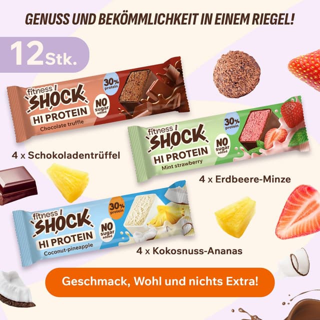 Detalle de FitnesSHOCK Proteinriegel-Set (Mix Box) mit hohem 30% Proteingehalt, ohne Zuckerzusatz