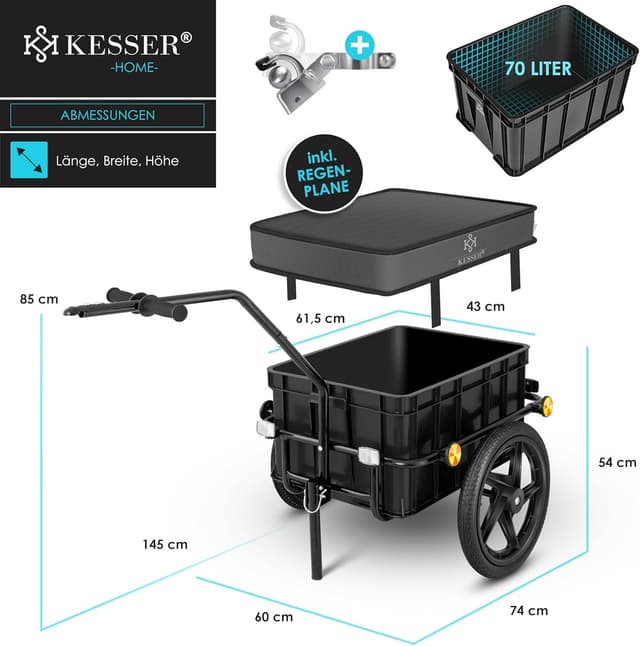Thumbnail 6 de KESSER Fahrradanhänger mit Kupplung und Hochdeichsel – Lastenanhänger für Transportbox 70 Liter (für 2 Bierkästen)