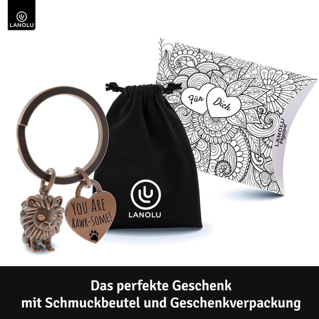 Detalle 2 de LANOLU Schlüsselanhänger „Löwe Leopold“ – 3D-Figur aus Metall als Glücksbringer für Partner, beste Freundin & Paare