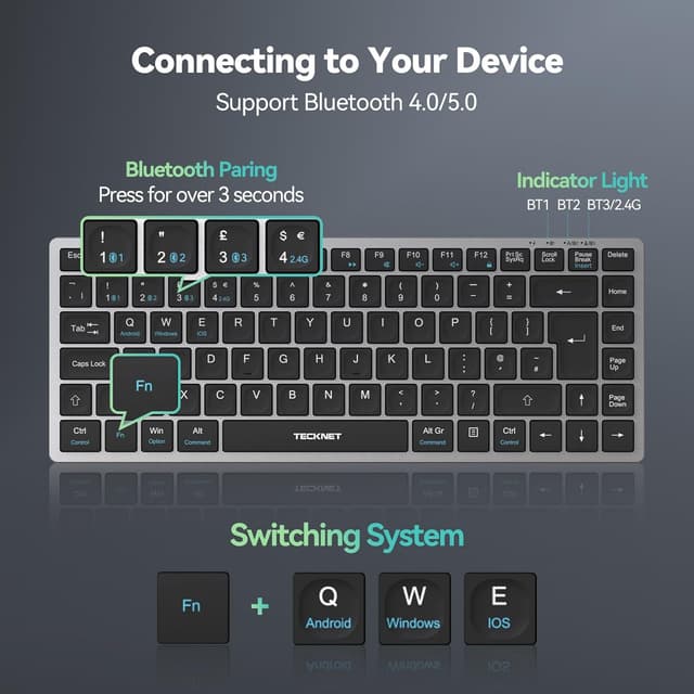 Thumbnail 3 de TECKNET 2.4G Wireless Keyboard — Compact rechargeable 4-device Bluetooth keyboard ⌨