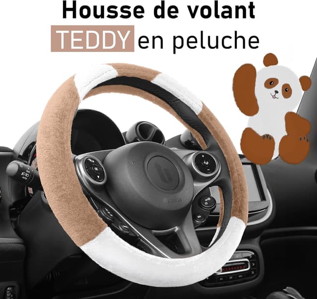 Detalle 2 de Upgrade4cars couvre-volant en peluche marron et blanc (taille universelle 37-39 cm)