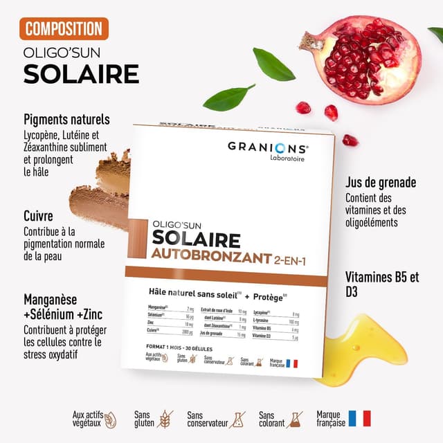 Detalle 2 de BRONZAGE – Autobronzant en gélules 2-EN-1 GRANIONS, complément alimentaire (1 mois, 30 gélules)