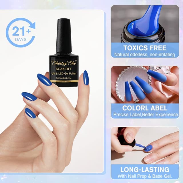 Detalle de Shining She UV Gel-Nagellack Blau Set (6 Farben) – Glitzer & Marineblau, Soak-Off für DIY & Salon