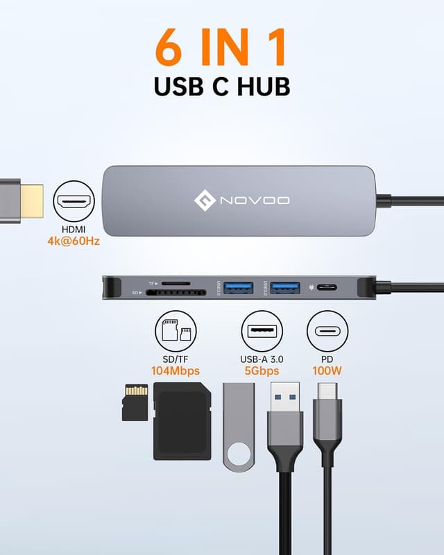 Thumbnail 1 de NOVOO USB-C Hub mit HDMI 4K@60 Hz, 2× USB-A 3.0, 100W PD & SD/TF für MacBook & weitere Typ-C-Geräte