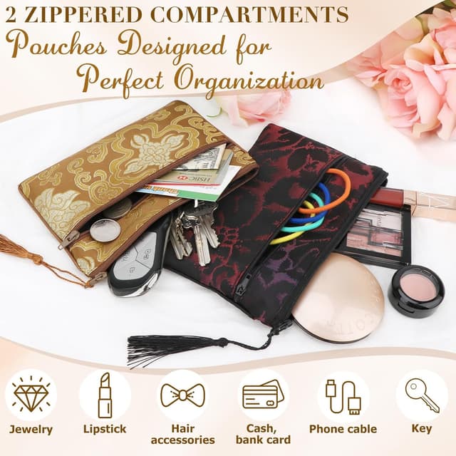 Detalle 2 de kilofly Chinese Silk Brocade jewellery pouch bag set of 2 with two zip compartments