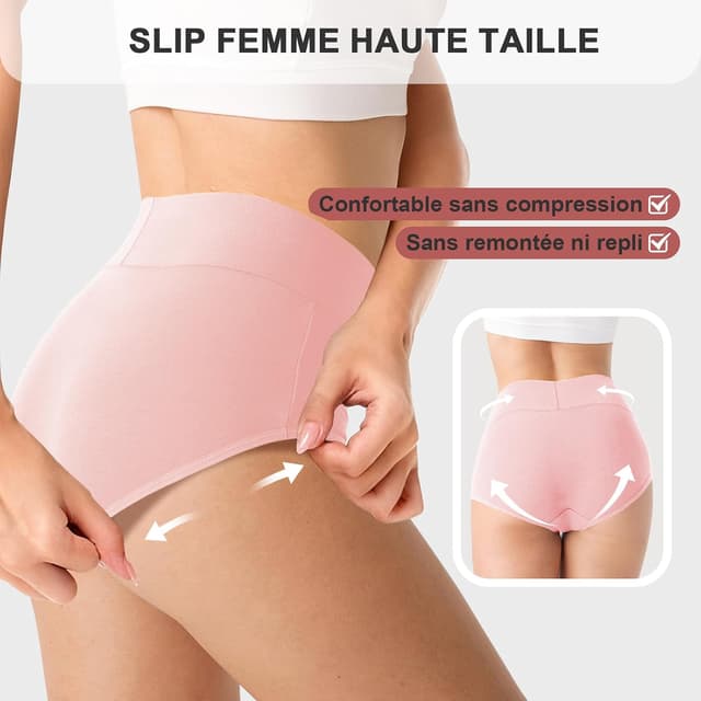 Detalle de Pack de 6 culottes femme QINCAO à taille haute en coton élastique