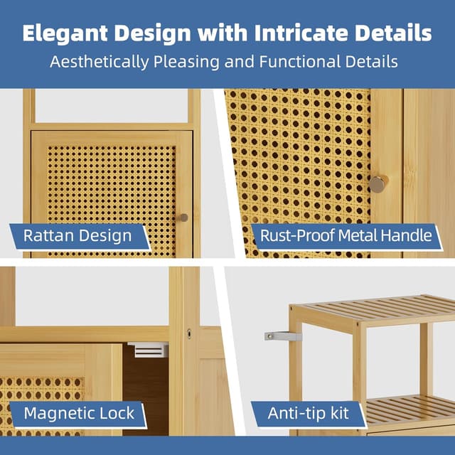 Detalle de HITNET Rattan Badezimmerschrank mit Einzeltür – schmaler Bambus-/Rattan-Bodenschrank für enge Ecken