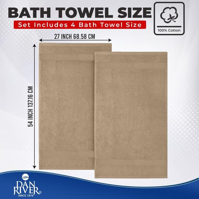 Detalle de DAN RIVER Bath Towels Set of 4 (27 x 54 Inches) — 100% Ring Spun Cotton, Quick-Drying and Absorbent