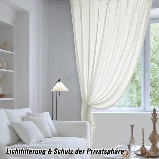 Detalle de BellaHills Voile-Gardinen in Elfenbeinweiß (2er-Set) mit Ösen, halbtransparent H230 × B140 cm