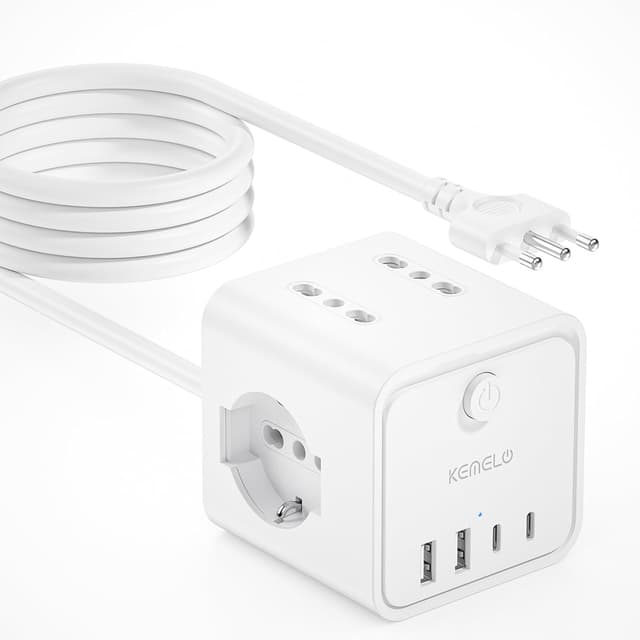 Detalle de Ciabatta Elettrica Multipresa con 4 prese universali 10/16A, 2 USB-A + 2 USB-C e 3 m di prolunga (spina piatta salvaspazio) – kit nero con interruttori
