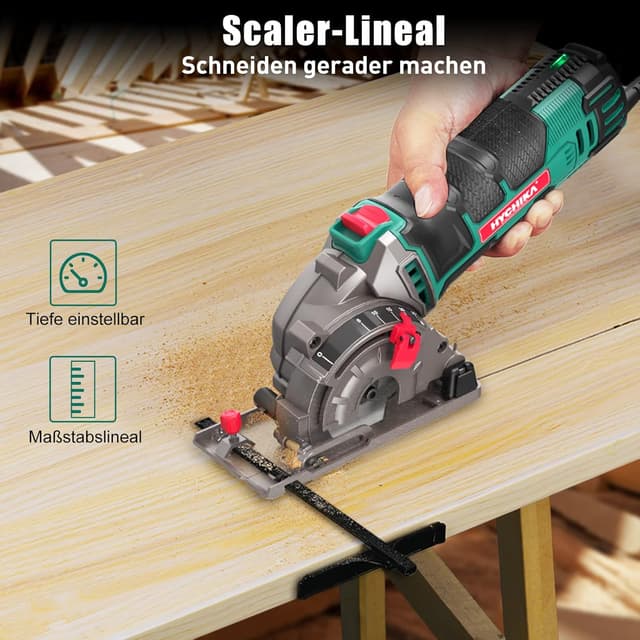 Detalle 2 de HYCHIKA Mini Kreissäge 500 W mit 3 Sägeblättern, 4.500 RPM, 0–25 mm Schnitttiefe