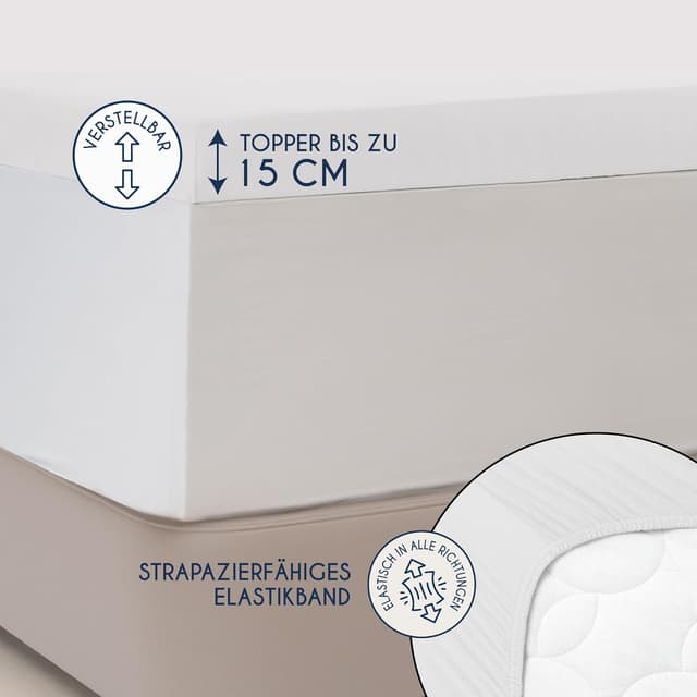 Detalle de Dreamzie Premium Topper Spannbettlaken aus Jersey-Baumwolle (extra niedrige Seitenhöhe) für Topper, weiß