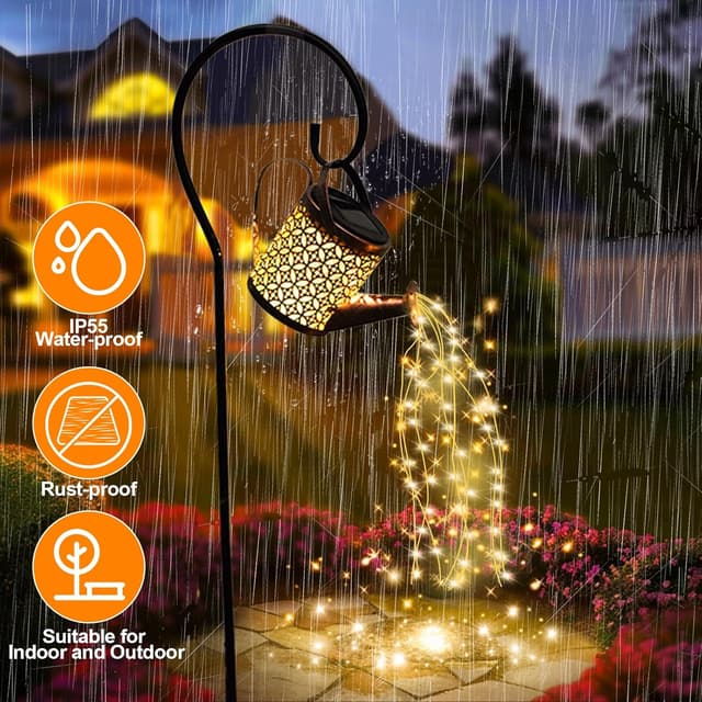 Detalle de ZKLiLi solar watering can with cascading lights – waterproof hanging garden lantern