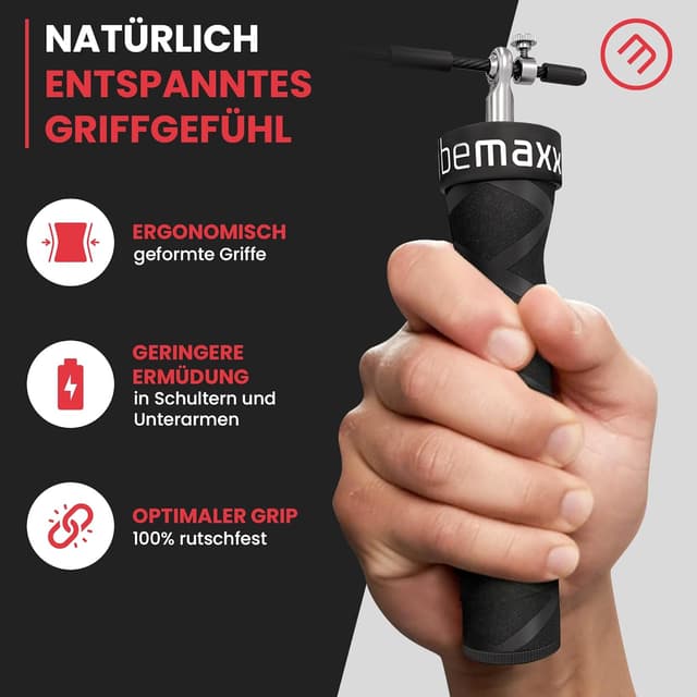 Detalle de Springseil Speed Rope mit Trainings-E-Book & Ersatzkabel – 2 verstellbare Stahlseile, Profi-Kugellager