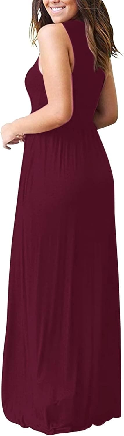 Detalle de AUSELILY Sommerkleid Damen Lang ärmellos Wickelkleid mit V-Ausschnitt und Taschen