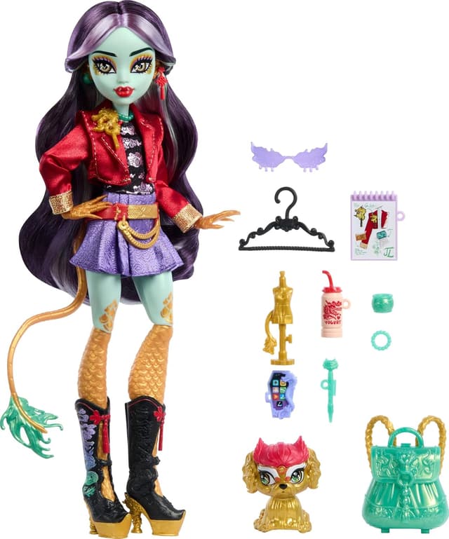 Detalle 1 de Monster High Jinafire Long, bambola dragone 7 accessori