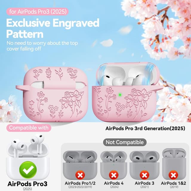Detalle 2 de Flower Engraved Magnetic-Lid Silicone Case for AirPods Pro 3 (2025) with Keychain & Cleaning Kit