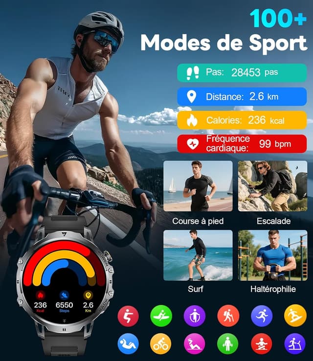 Detalle de LIGE Montre Connectée Homme 2025 : écran HD 1,85", batterie 1000 mAh et suivi santé