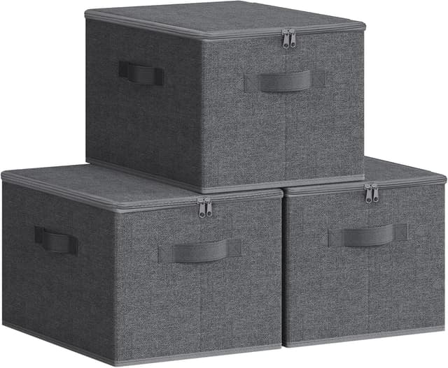Detalle de SONGMICS Boîte de rangement pliable avec couvercle et poignées (lot de 3), tissu non-tissé, gris ardoise RYZB03G