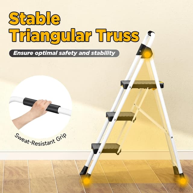 Detalle de Urackify 3-Step Folding Steel Step Ladder with Safety Lock & Handrail