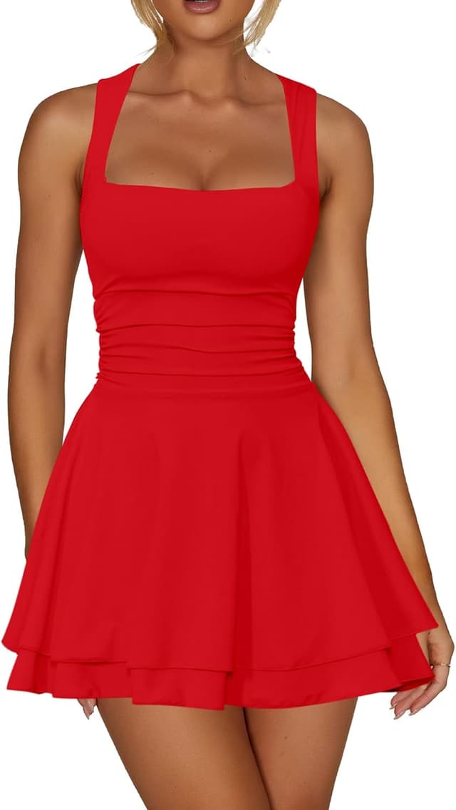 Detalle de Kaximil Women's Square Neck Ruffle Hem Mini Dress with Ruched Waist